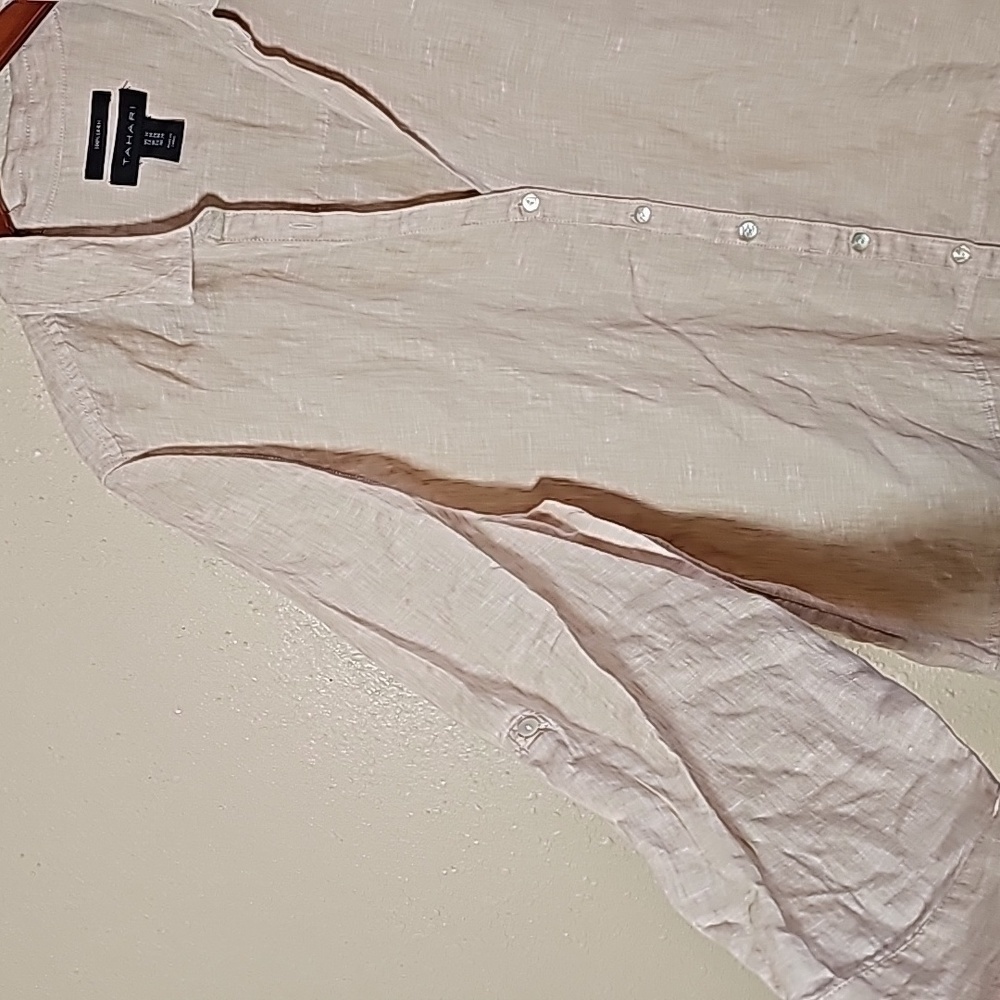 Tahari Tan 100% Linen Tunic Top - Picture 4 of 7